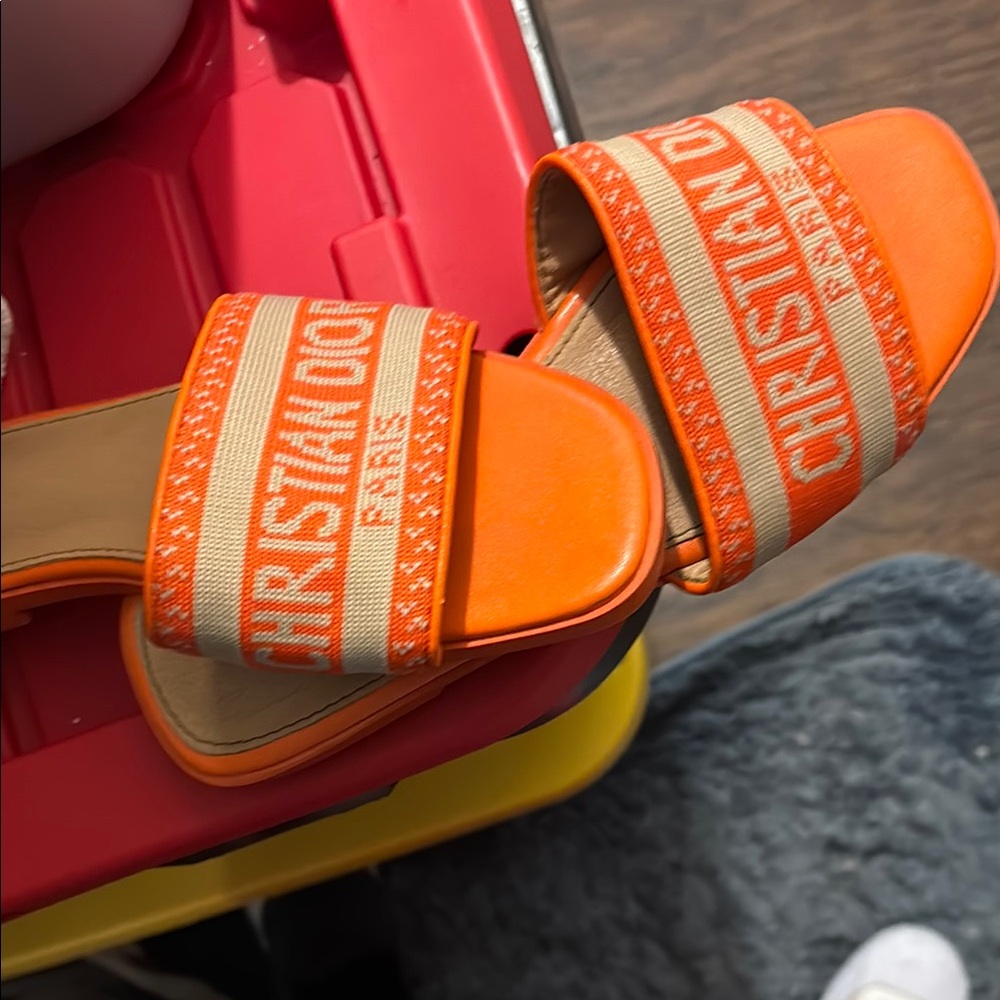 Dior Orange Canvas Logo Slide Sandals with Tan Footbed and Orange Trim - Picture 5 of 7